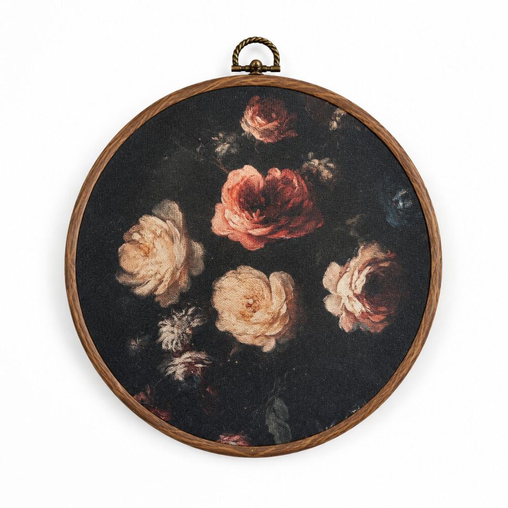 Vintage Floral Round Wall Art 10” Wooden Frame Dark Cottagecore Decor